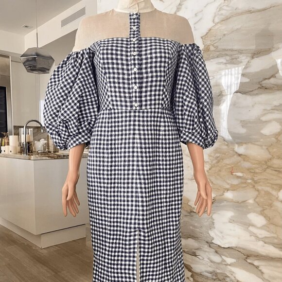 Natasha Zinko Women's Checkered Midi Dress Puff Sleeve - Picture 1 of 4